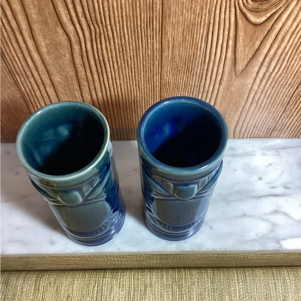 Libbey Hawaiian Deep Blue Tiki Mugs set of 2
